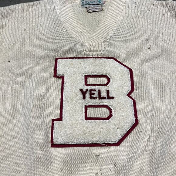 Vintage 60s Yell Cutters Cream Wool Varsity V-Neck Sweater - Picture 2 of 6